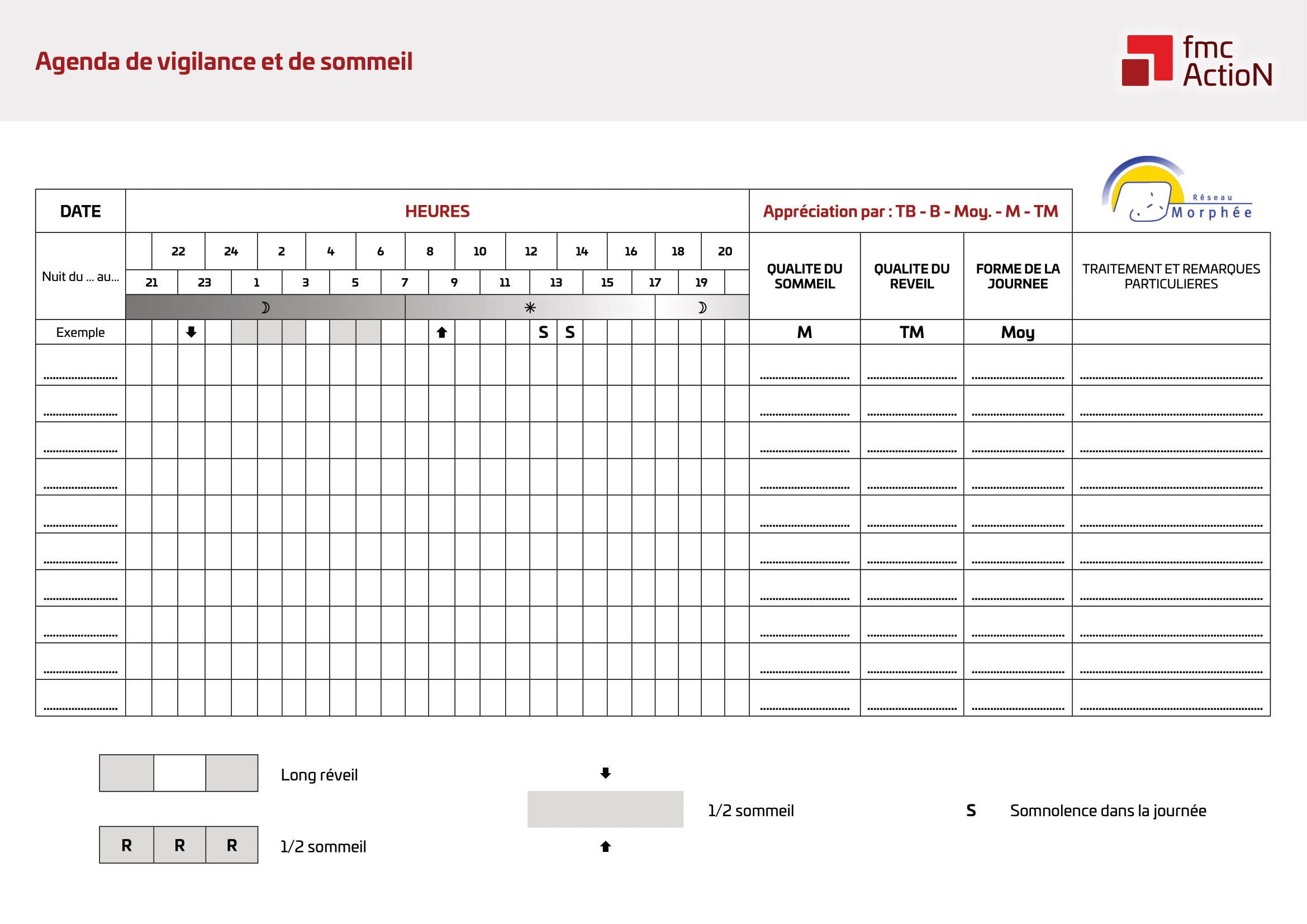 Agenda de vigilance et de sommeil téléchargeable