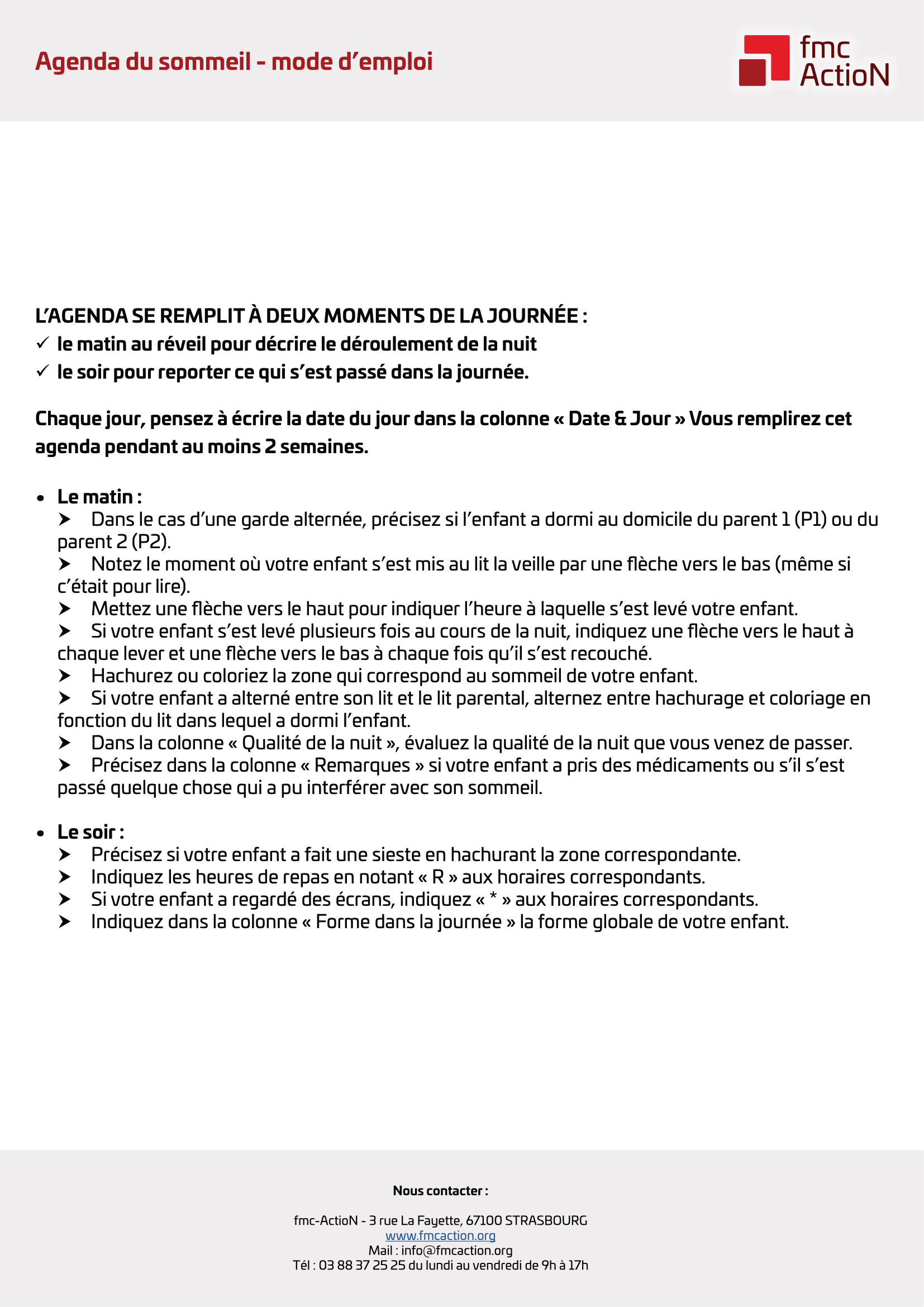 Agenda du sommeil mode d'emploi téléchargeable