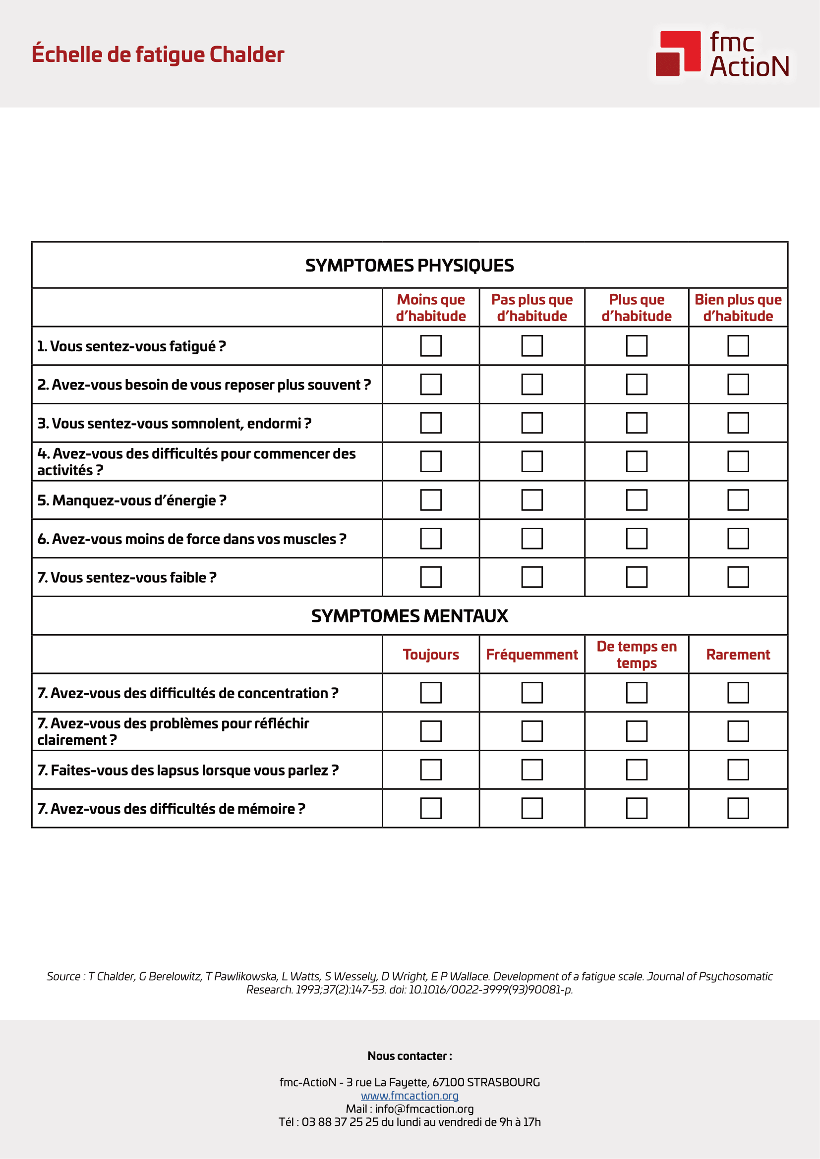 Échelle de fatigue Chalder téléchargeable