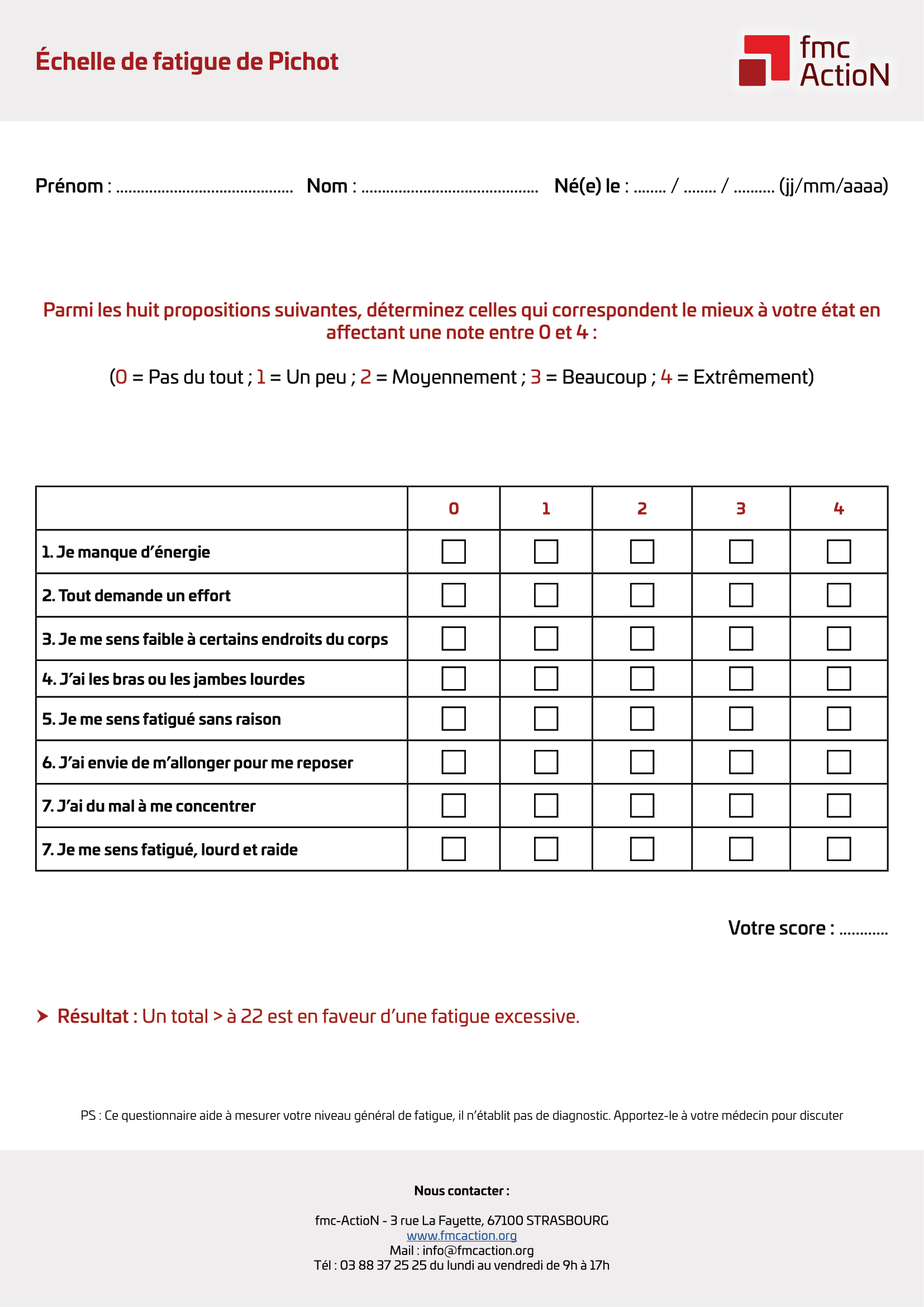 Échelle de fatigue de Pichot téléchargeable