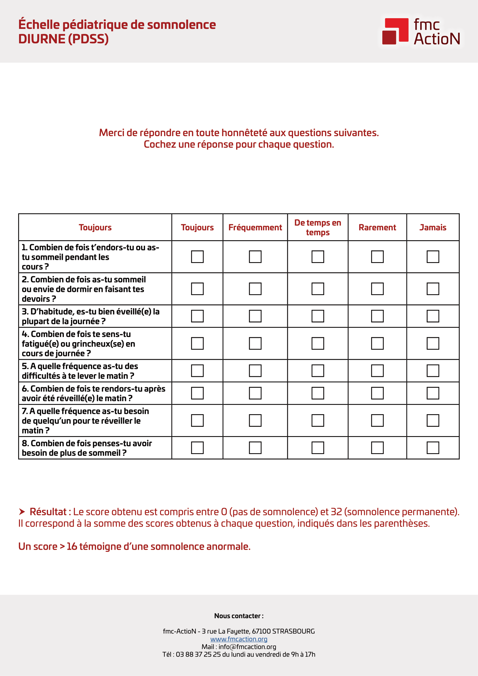 Échelle pédiatrique de somnolence diurne (PDSS) téléchargeable