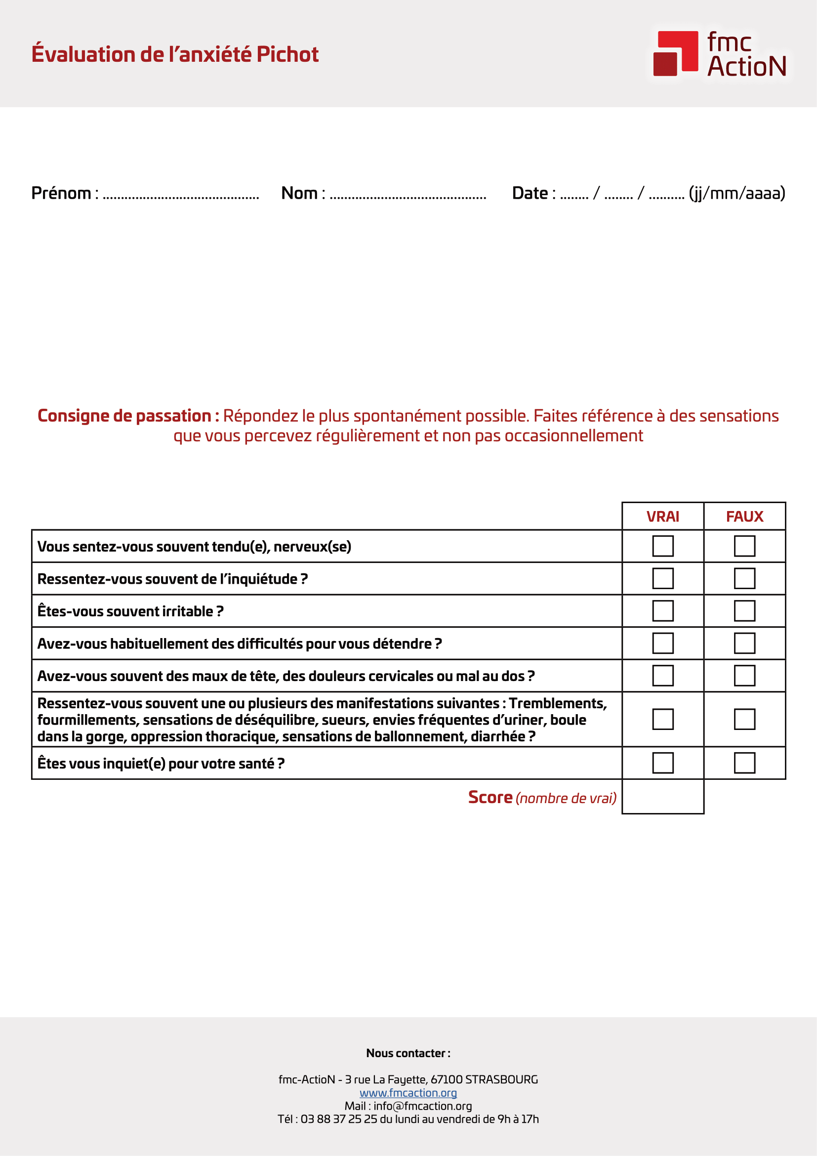 Évaluation de l'anxiété Pichot téléchargeable