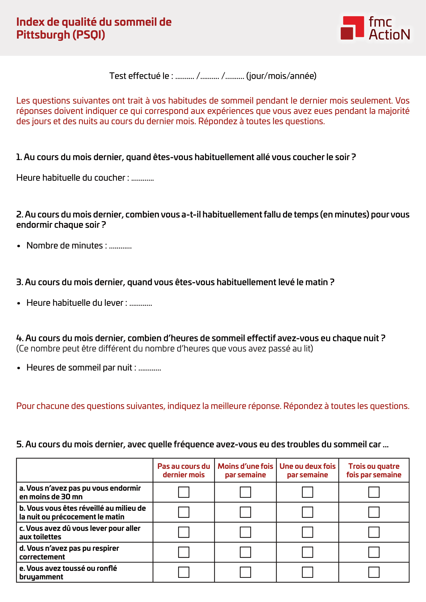 Index de qualité du sommeil de Pittsburgh (PSQI) téléchargeable