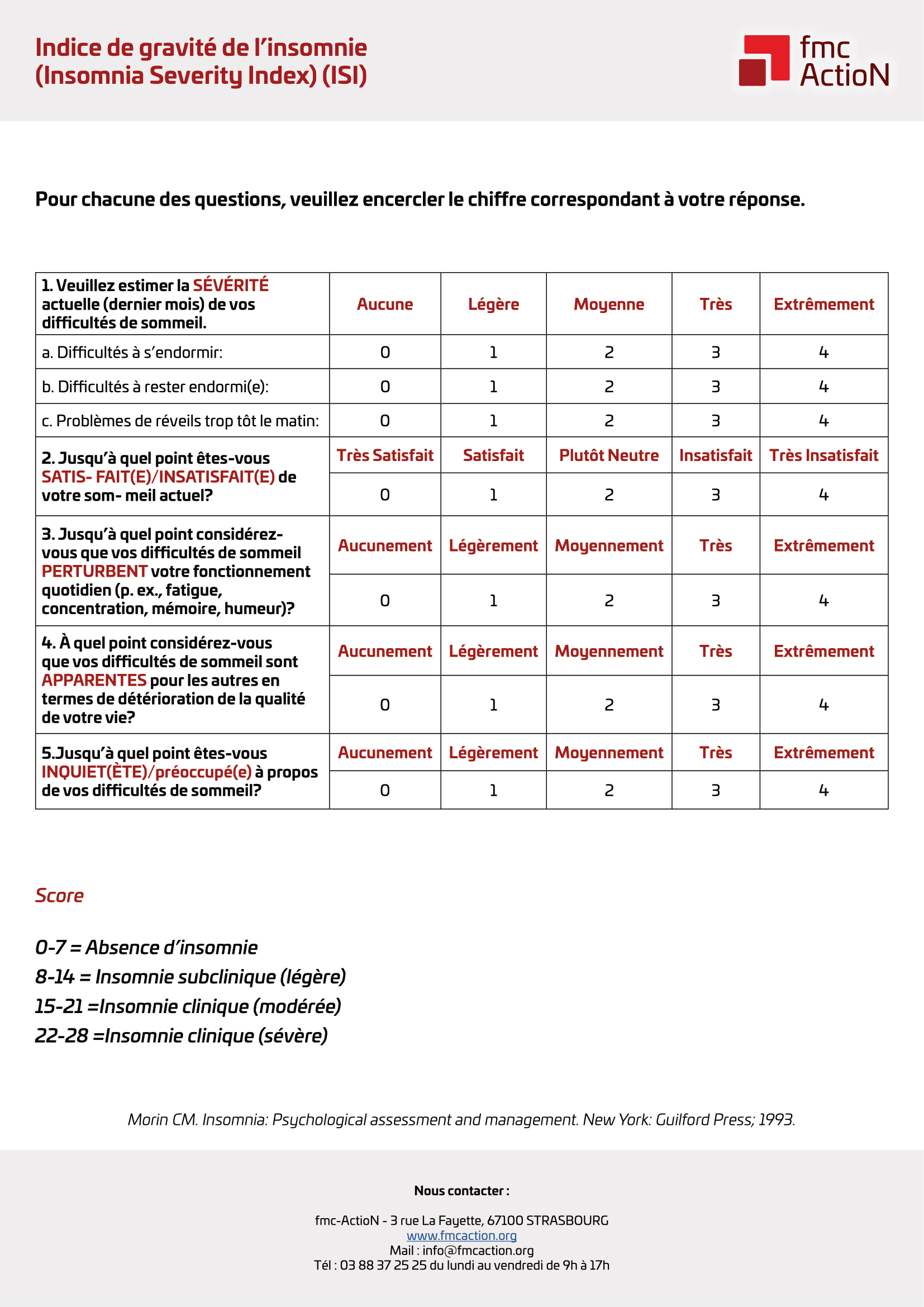 Indice de gravité de l'insomnie ISI téléchargeable