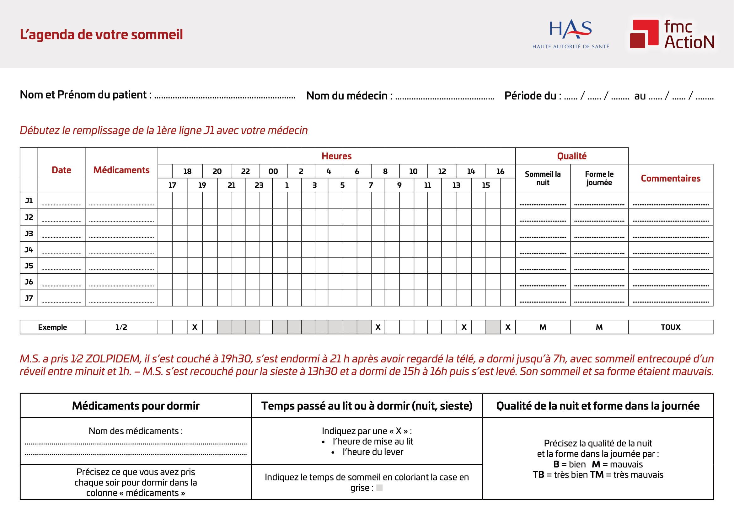 Agenda de votre sommeil téléchargeable