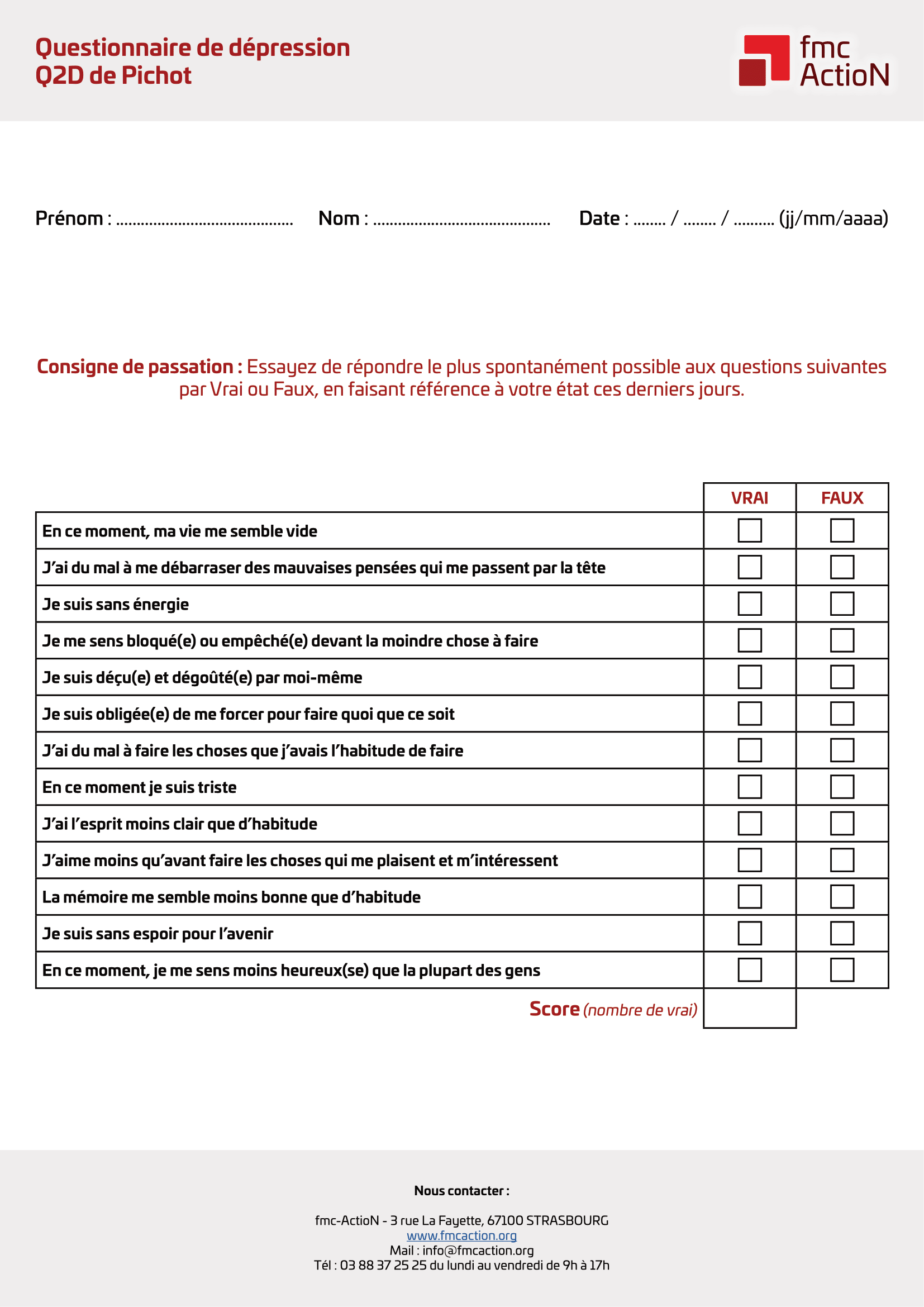 Questionnaire de dépression Q2D de Pichot téléchargeable